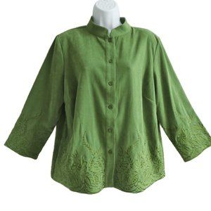 Vintage Velvet Bob Mackie Wearable Art Green Shacket Jacket Embroidered Mandarin